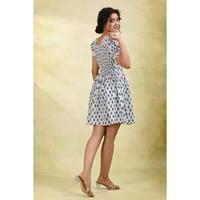 Robe mini bleue et blanche à fleurs, écologique, lavable, pour femmes, manches bouffantes, col en U, robe décontractée d'été pour soirée