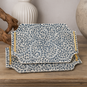 Ensemble de plateau de service rectangulaire de luxe fait à la main MDF Capiz incrustation poignées en métal en laiton doré motif de feuille élégant durable Durable - Product Image 6