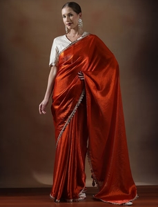 KV Women's <b>Orange</b> Designer Silk Fancy Lace Border <b>Saree</b> With Unstitched Blouse - Product Image 5