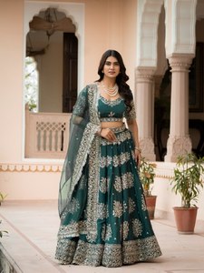 Ensemble Lehenga Choli en soie verte orné, longueur ras du sol, sans plis, style floral Zari, tenue indienne pakistanaise pour mariage et fête - Product Image 3