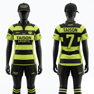 Uniforme de rugby en tissu poly interlock premium 220 GSM, noir avec bande jaune fluo, évacuation de l'humidité, sublimation personnalisée - Product Image 1