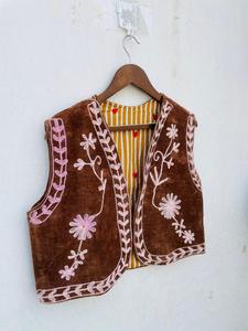 Brown Velvet Lightweight Bohemian <b>Floral</b> Embroidered Zipper Closure Cotton Vest Women Short V-neck Streetwear <b>Waistcoat</b> - Product Image 4