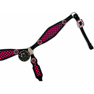 Ensemble de têtière et de collier de poitrine en cuir noir style western avec incrustation à carreaux roses et conchos en strass, équipement équestre - Product Image 4