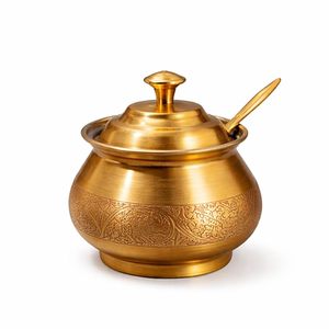 Handmade Engraved Brass Condiment Pot with Lid and Spoon Traditional Brass Sugar Bowl Decorative Kitchen Storage <b>Container</b> - Product Image 1