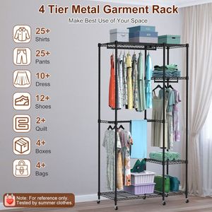 Appendiabiti su Ruote con Capacità di 463 LBS, 4 Ripiani, 3 Aste Appendiabiti, Ruote Bloccabili a 360 Gradi, Doppio Livello - Product Image 2