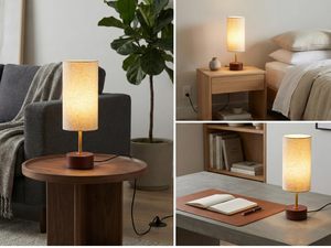 Lampe de table LED décorative pour chevet avec base en bois de manguier et abat-jour en lin, lampe de table moderne pour chambre à coucher et bureau - Product Image 5