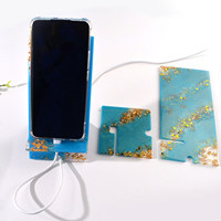 Support de téléphone portable en bois et résine avec des paillettes dorées, design bleu, moderne, DIY, de haute qualité, décoration d'intérieur, cadeau, support de bureau