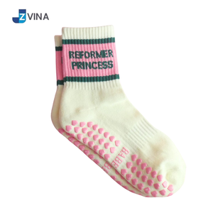 <b>Custom</b> Logo White <b>Socks</b> With Blue and Pink Stripes Anti-Slip <b>Grip</b> Bottom For Yoga And Pilates Activities Spring Season Wear - Product Image 5