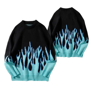 Suéter de Punto Extra Grande para Hombre, Cuello Redondo, Diseño de Llamas en Negro y Azul, Manga Larga, Estilo Otoño-Invierno, Venta al Por Mayor - Product Image 6