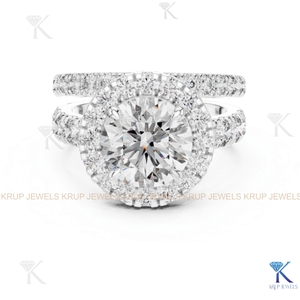 ชุดแหวนแต่งงานและหมั้นเพชร CVD สี E ทรงกลมแบบ Halo ประดับเพชรแบบ Pave จาก KRUP JEWELS ชุบทอง 14K 18K - Product Image 6