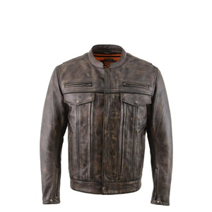 Veste de motard en cuir véritable marron pour homme, col montant, fermeture éclair, coupe classique, style automne - Product Image 3