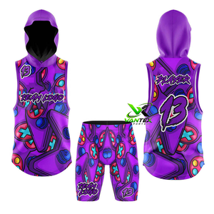 VANTEX Custom Sublimation Black Hooded <b>Men's</b> Basketball Jersey <b>Shorts</b> Set with Blue Cross Design 100% Polyester High Quantity - Product Image 5