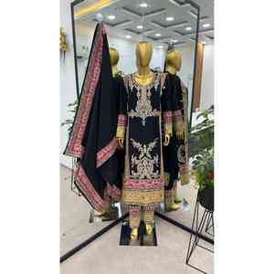 DESIGNER CHINON BRODERIE CODAGE SEQUENCE TRAVAIL HAUT BAS AVEC DUPATTA NOIR - Product Image 1