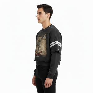 T-shirt personnalisé pour homme, avec motifs graphiques, en tissu épais, orné de strass, coupe courte, oversize, effet délavé, style streetwear vintage, coupe carrée et effet usé - Product Image 3