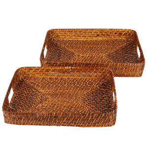 Panier de rangement en rotin tressé, style moderne, plateau de service en rotin avec poignées découpées, fabriqué à la main par un artisan au Vietnam 2025 - Product Image 1