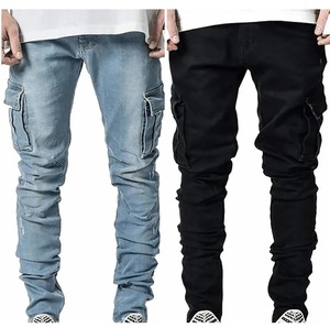 Pantalones de mezclilla ajustados para hombre, estilo cargo, elásticos, con cremallera, para trabajo, lavados, de corte slim, ropa masculina - Product Image 6