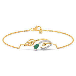 Green Leaf Eye Diamond Bracelet with Yellow Gold Flowing Vine Detail and Sculpted Nature Inspired Center Design - Product Image 2