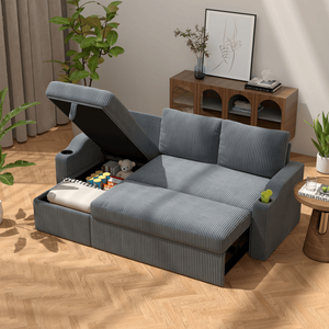 Sofá Cama Seccional en Forma de L, Moderno y Convertible, de Pana, con Almacenamiento, Portavasos y Reposabrazos para Sala de Estar - Product Image 3