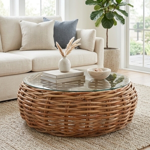 Mesa de Centro Redonda Thomas de Estilo Moderno y Minimalista, con Superficie de Vidrio y Ratán Tejido Natural, para Sala de Estar o Patio - Product Image 3