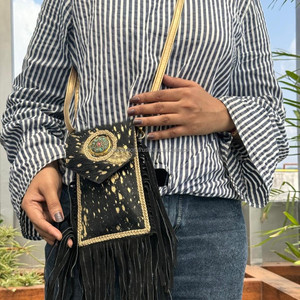 Bolso bandolera con flecos grandes de piel de vaca metálica para mujer, bolso para teléfono móvil Concho de cuero genuino occidental para mujer - Product Image 2