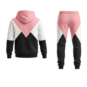 Ensemble de survêtement pour homme rose et noir à blocs de couleur, sweat à capuche zippé et pantalon de jogging, tenue décontractée pour la gym, le fitness, la course et le streetwear - Product Image 3