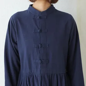 Women's Casual <b>Boho</b> Cotton Maxi <b>Dress</b> Solid Color <b>Long</b> Sleeve Chinese Style Stand Collar Pleated <b>Dress</b> - Product Image 5