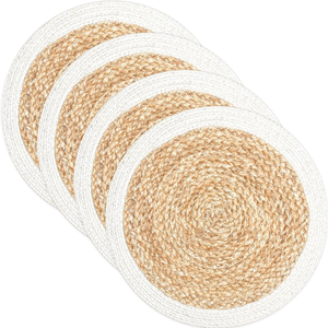 Ensemble de sets de table en rotin couleur naturelle avec bordure blanche, 1 grand et 4 petits dessous-de-verre, style bohème, résistant à l'eau, antidérapant, vaisselle unisexe - Product Image 3