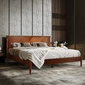 Lit moderne en bois massif avec finition riche en noyer Tête de lit géométrique haute pour chambres de luxe Silhouette minimaliste - Product Image 5