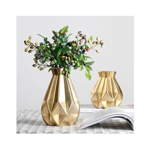 Modern Nordic Gold <b>Ceramic</b> <b>Vase</b> Piece Diamond Textured Decorative Tabletop <b>Vase</b> Pair for Faux Florals, Wedding Gift - Product Image 1
