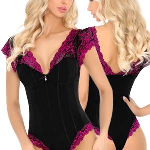 Women's Black Velvet Bodysuit With Purple Lace Trim Ruffle Sleeve Sexy Shapewear Body Shaper One Piece Lingerie - Product Image 5