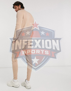 Men's Beige Crew Neck <b>Tracksuit</b> Full Sleeve Solid Color Casual Sweatshirt and Pants Set Breathable Midweight Cotton Autumn Wear - Product Image 3