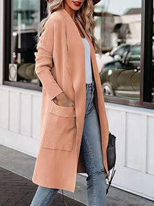 Cardigan à manches longues pour femmes, couleur unie, ouvert sur le devant, avec poches, pull tricoté décontracté, longueur complète, sans col, vêtements d'hiver - Product Image 5