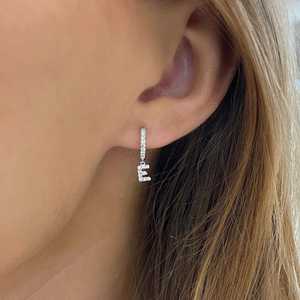 Initial <b>Dangle</b> Hoop <b>Earrings</b> 14K Solid Gold Pave Set Round Cut Lab Grown <b>Diamond</b> Huggie Elegant Everyday Fine Jewelry 10mm Hinge - Product Image 6