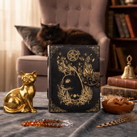 Carnet Wiccan en Coton Fait Main avec Bordures Déchirées, Papier et Couverture en Cuir, Imprimé UV Chat Noir, Grimoire des Ombres, Journal de Petite Sorcière