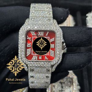 นาฬิกาข้อมือเพชรทรงสี่เหลี่ยมหรูหรา Pahal Jewels หน้าปัดสีแดง คริสตัลแซฟไฟร์ ขนาด 16 มม. สแตนเลสสตีล ระบบจักรกลอัตโนมัติ แสดงวันที่ แฟชั่นสำหรับผู้หญิง - Product Image 1