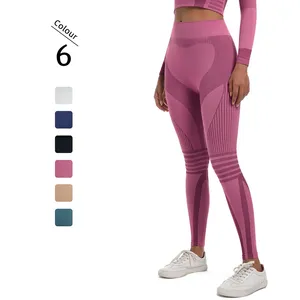 Leggings de yoga taille haute sans couture pour femme, avec empiècements color block et maille côtelée, effet ventre plat, longueur intégrale, pantalon de sport - Product Image 2