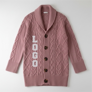 Cárdigan Personalizado de Punto Trenzado Rosa con Cuello Chal, Cuello en V, Botones Cubiertos con Bordado, Patrón a Cuadros, Unisex - Product Image 1