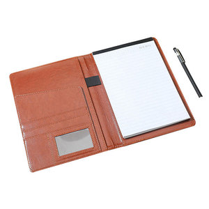 Carpeta de cuero para bloc de notas con soporte para bolígrafo y ranuras para tarjetas, organizador de negocios marrón - Product Image 1