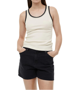 Women 100% Cotton Ribbed Knit Short Tank <b>Top</b> Sleeveless Collarless Casual Wear with Lace Trim Tassel Button White - Product Image 1