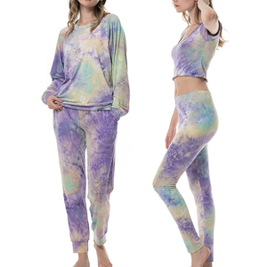 Ensemble 2 pièces pour femmes, tie-dye, manches longues, col rond, tricot décontracté en coton et élasthanne, coupe ample, pantalon long, haut, à porter en toutes saisons - Product Image 1
