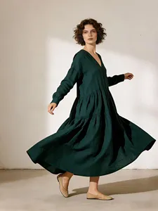 Women <b>Boho</b> Maxi <b>Dress</b> <b>Long</b> Sleeve Loose Oversized Casual Green Cotton Linen Full Length Maxi <b>Dress</b> - Product Image 4