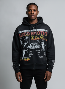 Sudadera con capucha y cremallera estampada Mixed Emotion para hombre, estilo oversize, streetwear, de algodón tejido, diseño Ángel Negro, desde 2019 - Product Image 2