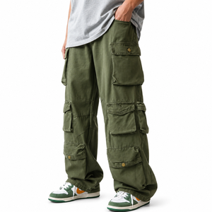 Casual Straight Fit Breathable Midweight Autumn Wear <b>Cargo</b> <b>Men's</b> Olive <b>Green</b> Canvas <b>Cargo</b> <b>Pants</b> Elastic Waist Multiple Pockets - Product Image 1
