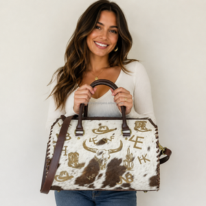 2026 Elegant <b>Handmade</b> Western Genuine Cowhide Leather Speedy Duffle Bag Vintage Hair On Hide Travel Weekender Shoulder Bag - Product Image 4