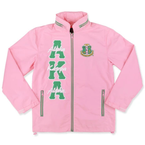 <b>White</b> Fleece Letterman <b>Jacket</b> Unisex Pink Green Chenille Embroidery Greek Letter Varsity Style Premium Cotton Zip Up - Product Image 1