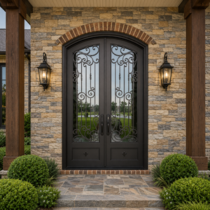 Puertas de Seguridad de Hierro Forjado Personalizadas, Puerta de Entrada Doble Exterior con Vidrio, Puertas de Entrada de Lujo para Viviendas Residenciales y Villas - Product Image 4
