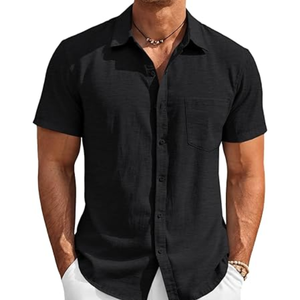 Camisa de Lino para Hombre, con Botones, Manga Corta, Casual, para Vacaciones, Playa, Bodas, con Bolsillo - Product Image 1