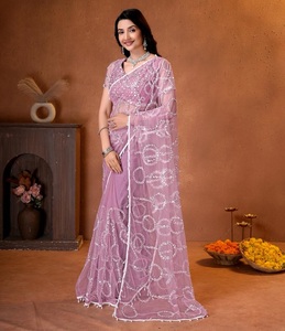 Indian Traditional Ethnic Fancy Designer Wedding Saree Heavy Net Material Embroidery Sequins Work Regular Fit Recycled Materials - Product Image 1