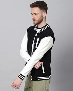 Blouson universitaire homme noir et blanc avec imprimé lettre I, en polaire, décontracté, coupe droite, col rabattu, simple boutonnage, pour l'automne - Product Image 5