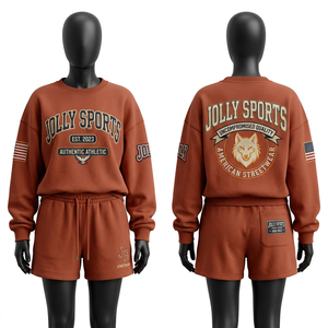 ชุดเสื้อสเวตเชิ้ตและกางเกงขาสั้นผ้าฝ้ายฟลีซคุณภาพพรีเมียม 320 GSM สีเทอร์ราคอตต้า สัมผัสนุ่ม พร้อมโลโก้ สำหรับผู้หญิง - Product Image 4